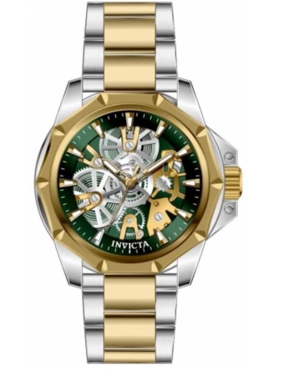 Invicta Two-Tone Gold and Silver Bracelet Watch with Green Skeleton Dial